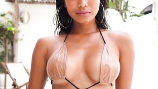 Perfectly Tanned Sexy Putri Cinta exposing her soak small cunt