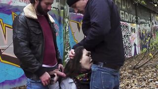 Skinny dark hair double nailed into the park