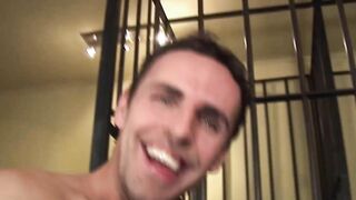 Chesty blonde sub fucks inside a cage