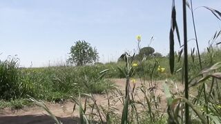 Pale and outgoing Japanese fiance outside sex under blue sky