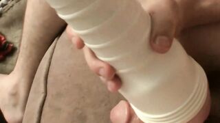 Naughty straight guy Chad Turner slides his meaty cock in the fleshlight with his fri