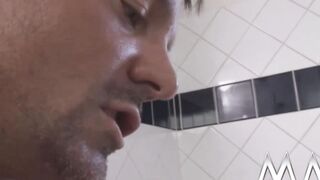 Chesty blonde takes penis into shower