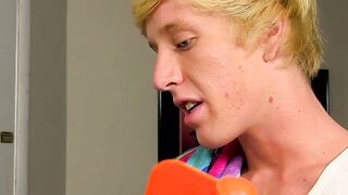 Young homo strokes his cock and cums while being barebacked