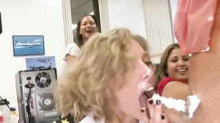 Horny working ladies eating whipped cream from big dicks