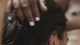 Passionate Asian and ebony babe learn how to share cock