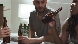 Passionate Asian and ebony babe learn how to share cock