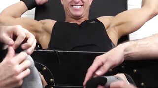 Two dudes tickle hunks feet and the rest of his body too