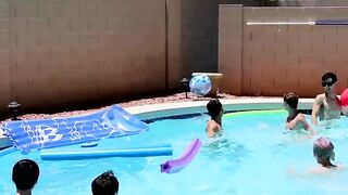 Twinks fool around in the pool before bareback orgy