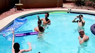 Twinks fool around in the pool before bareback orgy