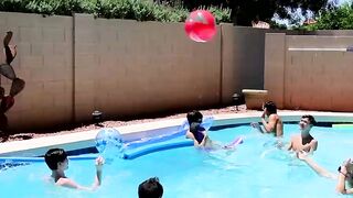 Twinks fool around in the pool before bareback orgy