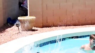 Twinks fool around in the pool before bareback orgy
