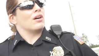 Big ass uniformed babes fuck a criminal on the rooftop