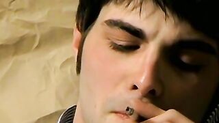 Hottie Ashley firing up his smoke before stroking his big dickÂ 
