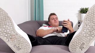 Handsome Drew Harper showed off his beautiful size twelve feet and soft solesÂ 