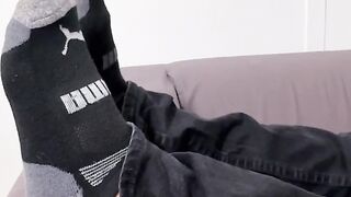 Handsome Drew Harper showed off his beautiful size twelve feet and soft solesÂ 