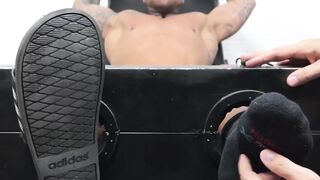 Restrained hunk Gavin squirmed a lot in tickling  by a hairy guy