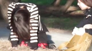 Naughty Japanese babe close up caught pissing outdoors