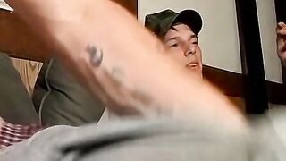 Straight thug masturbates with buddies and takes facial cum