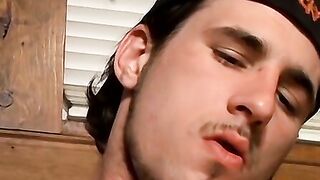 Straight thug masturbates with buddies and takes facial cum