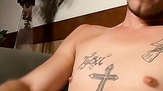 Straight thug masturbates with buddies and takes facial cum