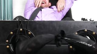 Bound young businessman tickle tormented by deviant master