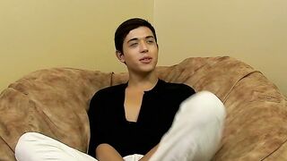 Teen twinkie pulls on his hard boner and exposes butt hole