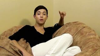 Teen twinkie pulls on his hard boner and exposes butt hole