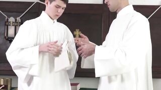 FatherXXX.com - Pious twink worships priest's big cock with his mouth before a raw po