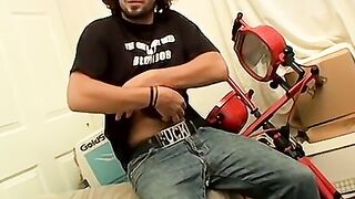 Straight thug strokes his penis until he has strong orgasm