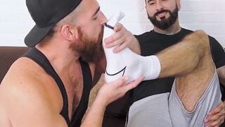Hunky Miguel got his feet fucked after giving a blowjob by hairy Rikk York