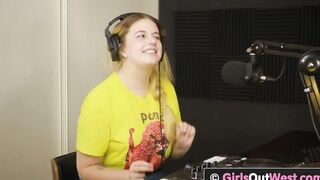 Chubby big boobed chick licks bushy twat and butt inside the studio