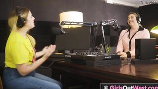 Chubby big boobed chick licks bushy twat and butt inside the studio