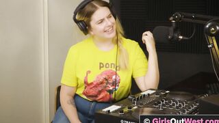 Chubby big boobed chick licks bushy twat and butt inside the studio