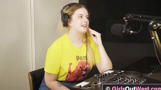 Chubby big boobed chick licks bushy twat and butt inside the studio