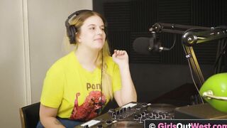 Chubby big boobed chick licks bushy twat and butt inside the studio