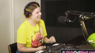 Chubby big boobed chick licks bushy twat and butt inside the studio