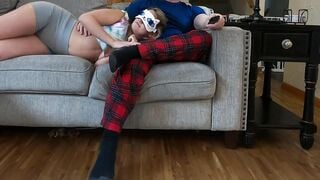 Daughter lays on daddy's lap while he gropes her firm titties and stuffs his dick down her throat