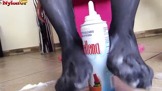 Dark Haired into tights offer turf job to a cream tube
