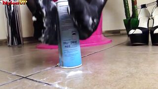 Dark Haired into tights offer turf job to a cream tube