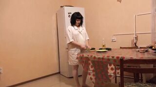 Long cucumber fucks bald vagina into oil. A dark hair with a gorgeous butt and into pantyhose masturbates inside the kitchen on the floor Bdsm