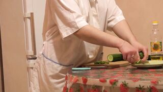Long cucumber fucks bald vagina into oil. A dark hair with a gorgeous butt and into pantyhose masturbates inside the kitchen on the floor Bdsm
