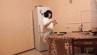 Long cucumber fucks bald vagina into oil. A dark hair with a gorgeous butt and into pantyhose masturbates inside the kitchen on the floor Bdsm