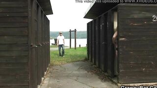 beauty sex into changing room with 60 years mature old