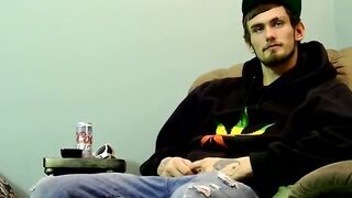 Young man goes naked and strokes his dick before cumming