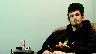 Young man goes naked and strokes his dick before cumming