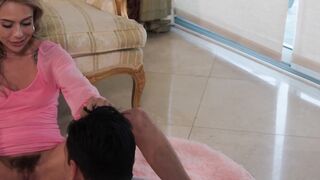 Naughty petite MILF Summer Vixen spreads her legs and hairy pussy for her mans cock