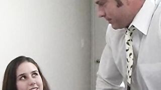 Buxom teen schoolgirl is eager to ride principals cock