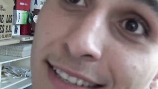 Long haired employee Cain barebacked after jerking his long dick