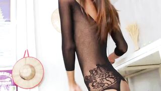 Fishnets clad ladyboy tugging cock before cumshot
