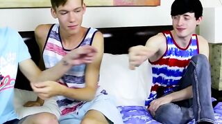 Cute gays have fun celebrating before barebacking threesome